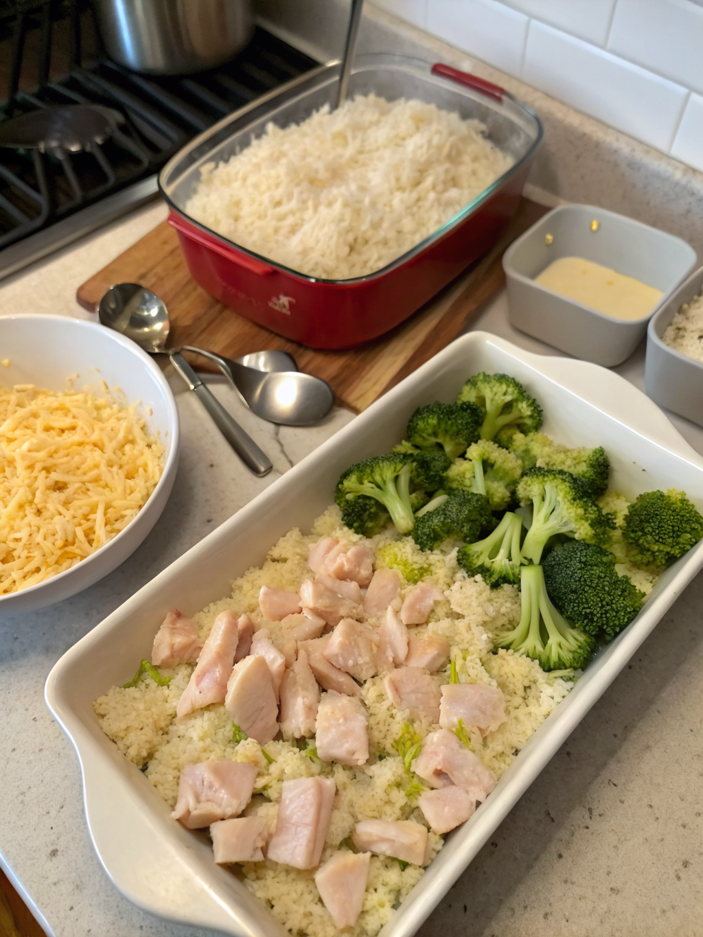 chicken rice broccoli casserole preparing steps