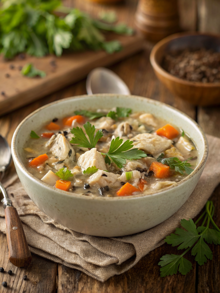 This hearty, soul-warming chicken and wild rice soup recipe combines tender chicken, nutty wild rice, and vegetables in a creamy broth