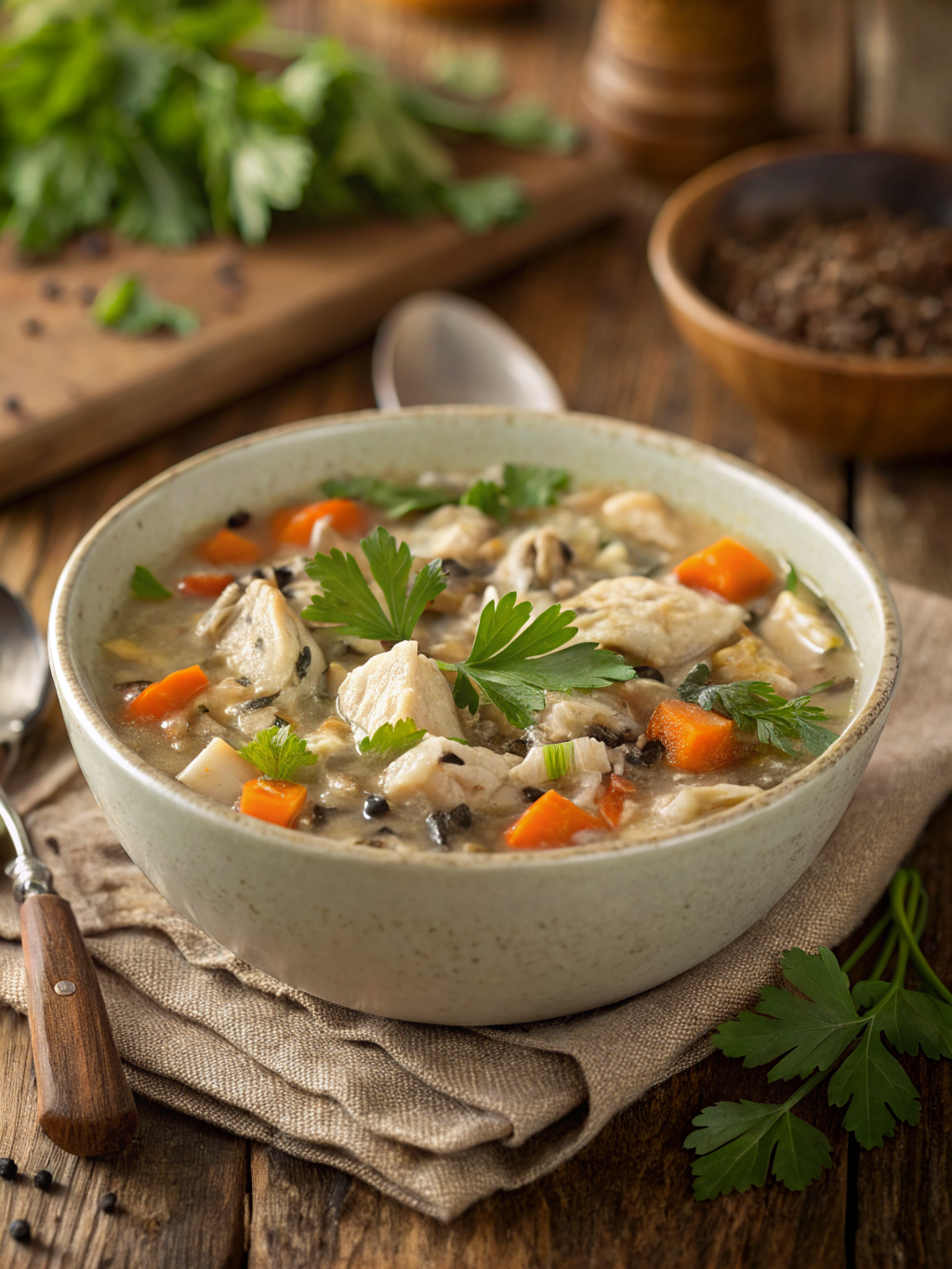 This hearty, soul-warming chicken and wild rice soup recipe combines tender chicken, nutty wild rice, and vegetables in a creamy broth